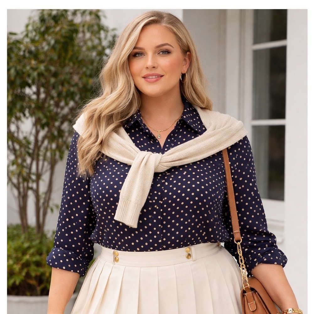 NWT J.Jill Wearever Collection XL Navy Cream Polka Dot Button ‎ Blouse Business